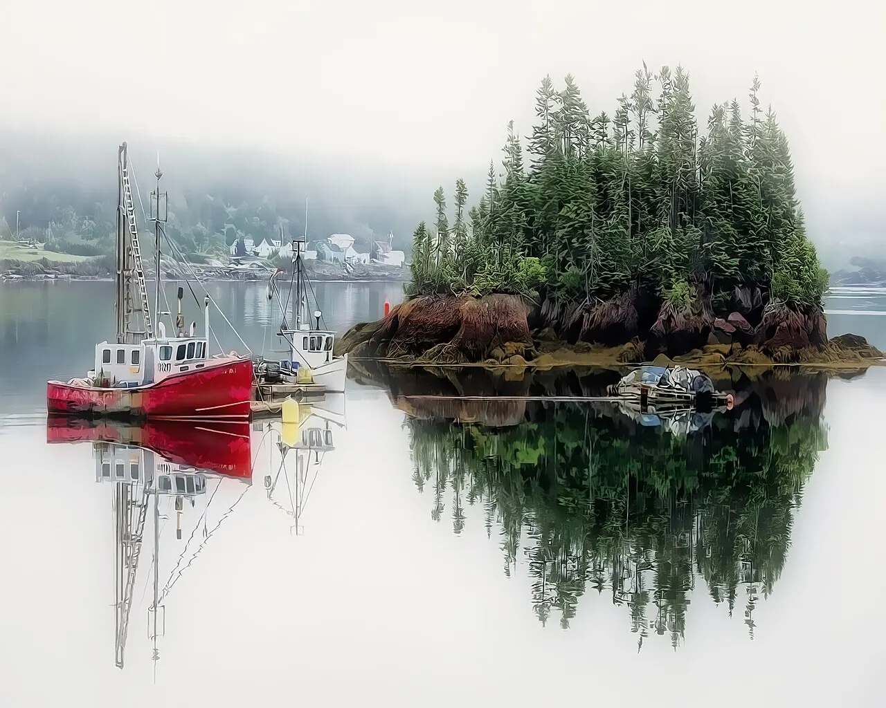 Fishing boats in the mist at St. Andrews, New Brunswick