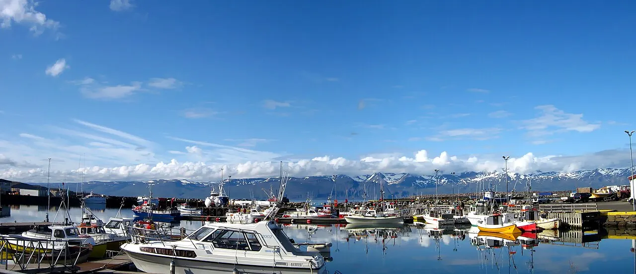 Húsavík harbor with the mountains across Skjálfandi Bay