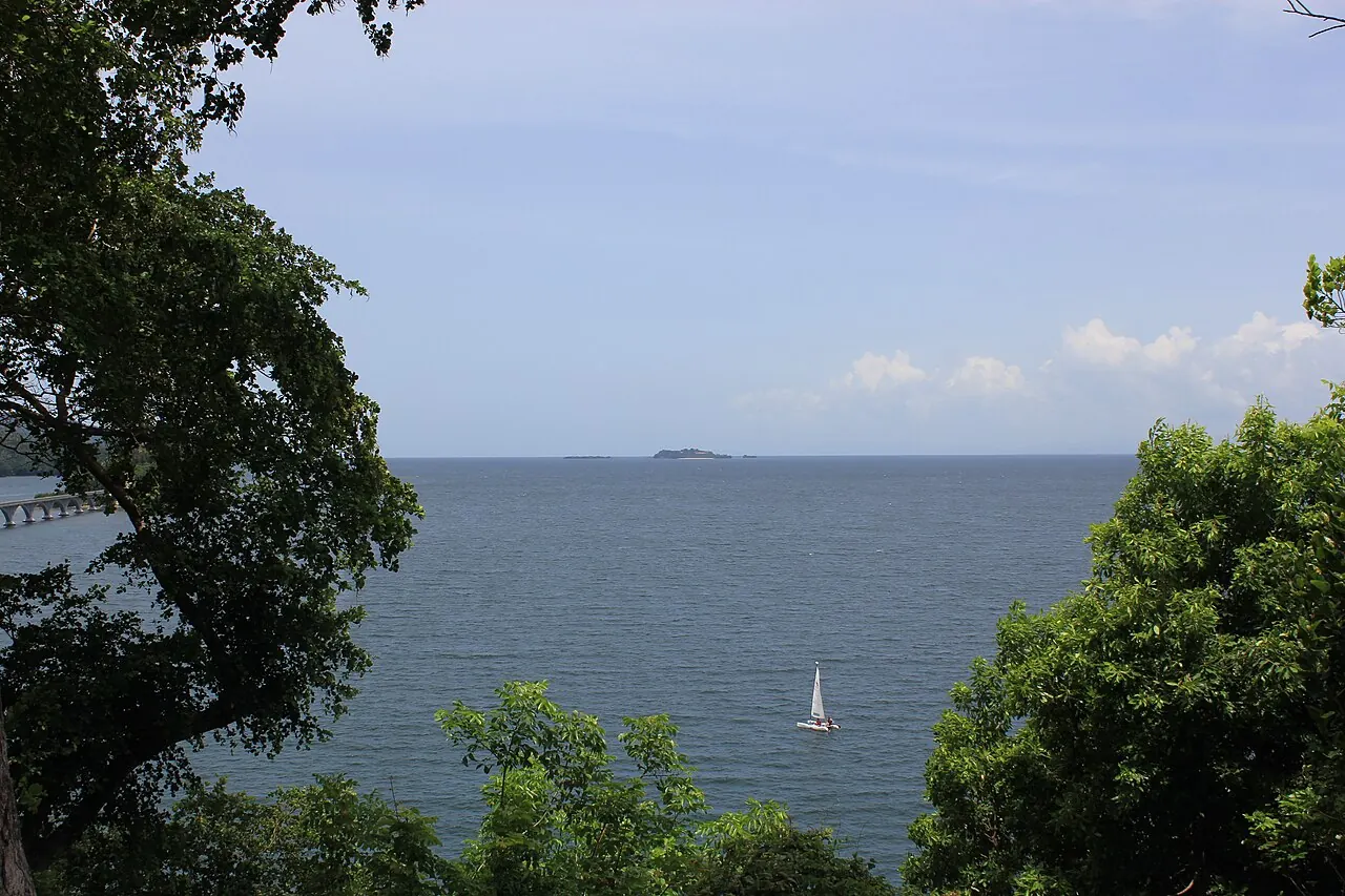 Samaná Bay framed by trees, Dominican Republic